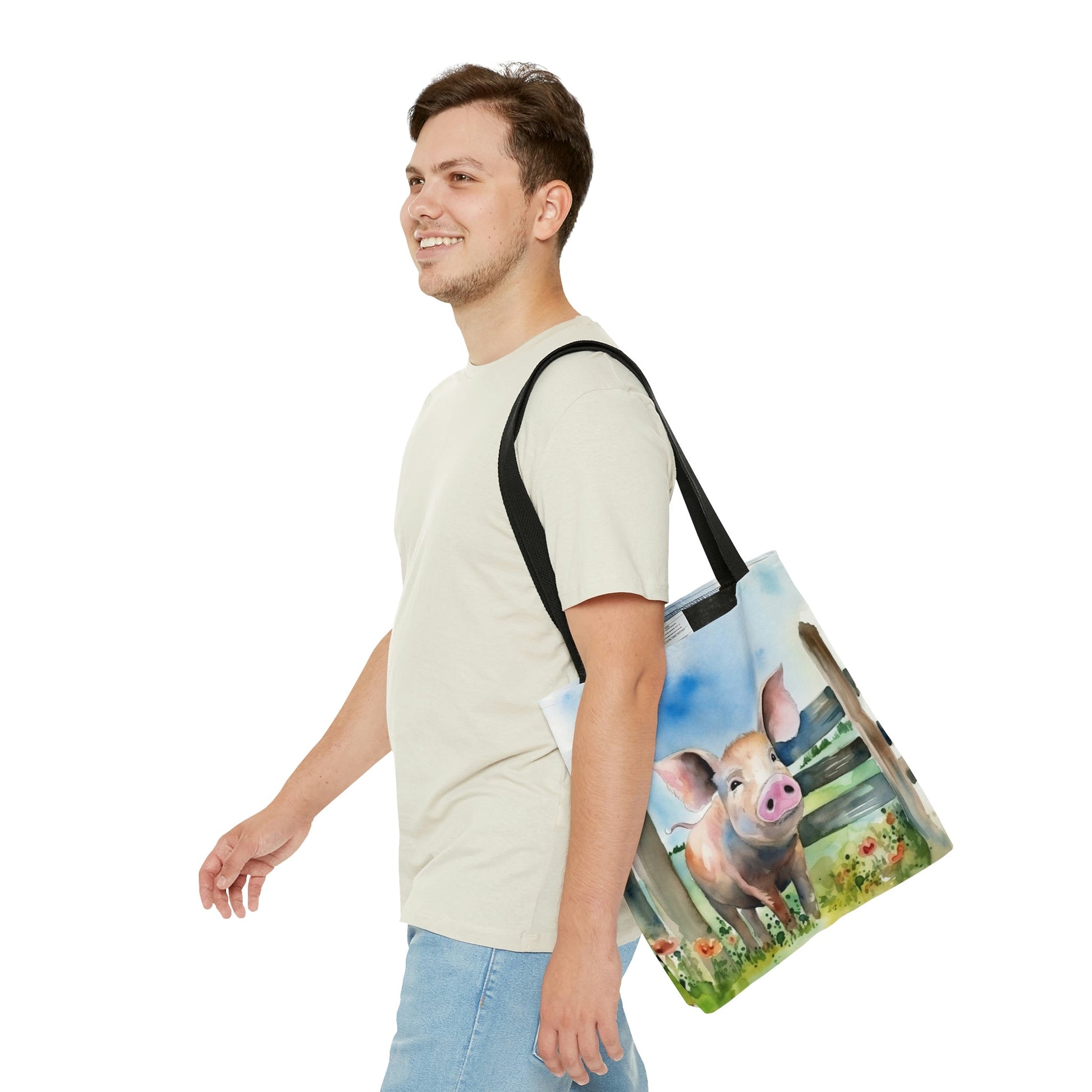 Folk Art Pig in Barnyard Tote Bag - Cute Cottagecore Totebag Makes the Perfect Gift