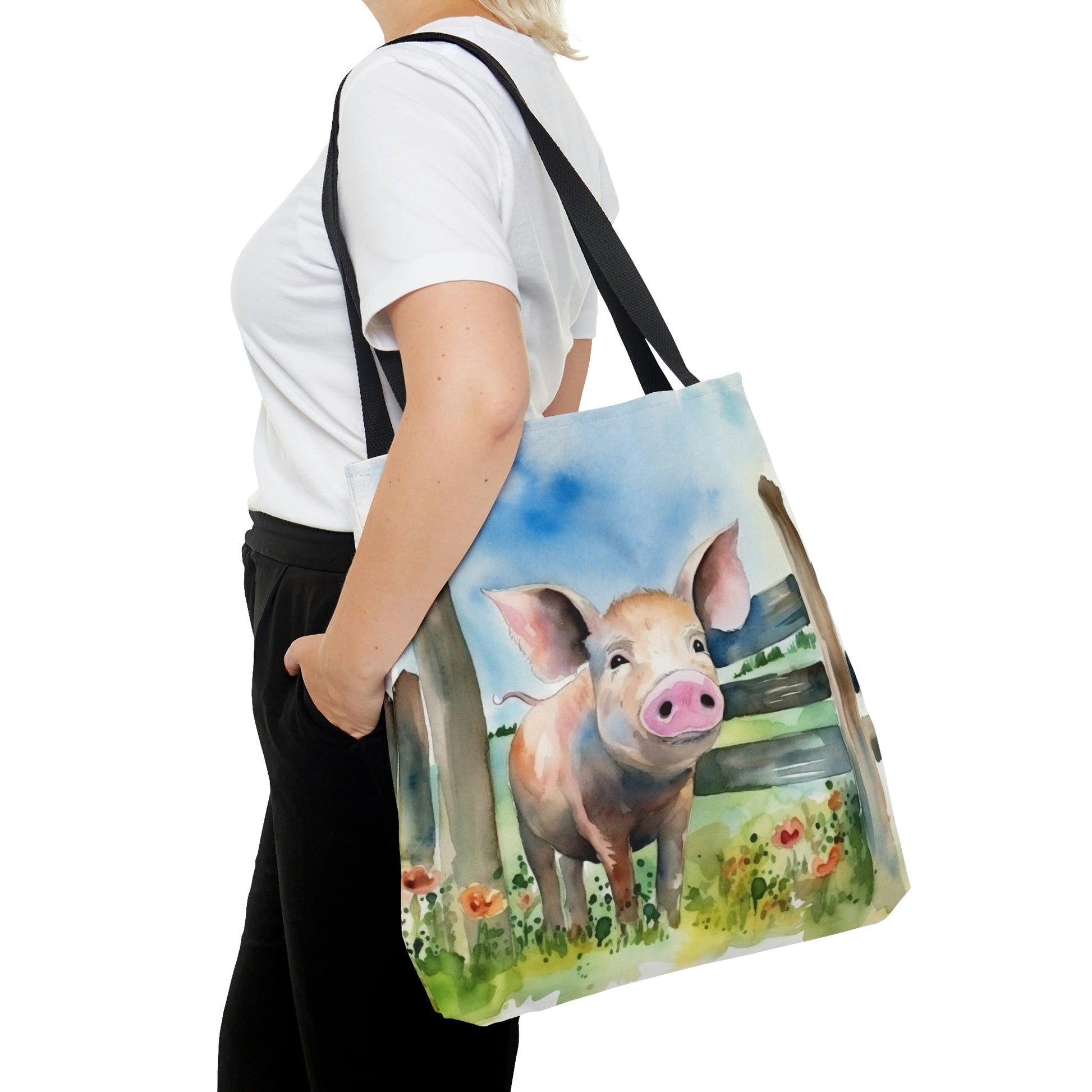 Folk Art Pig in Barnyard Tote Bag - Cute Cottagecore Totebag Makes the Perfect Gift