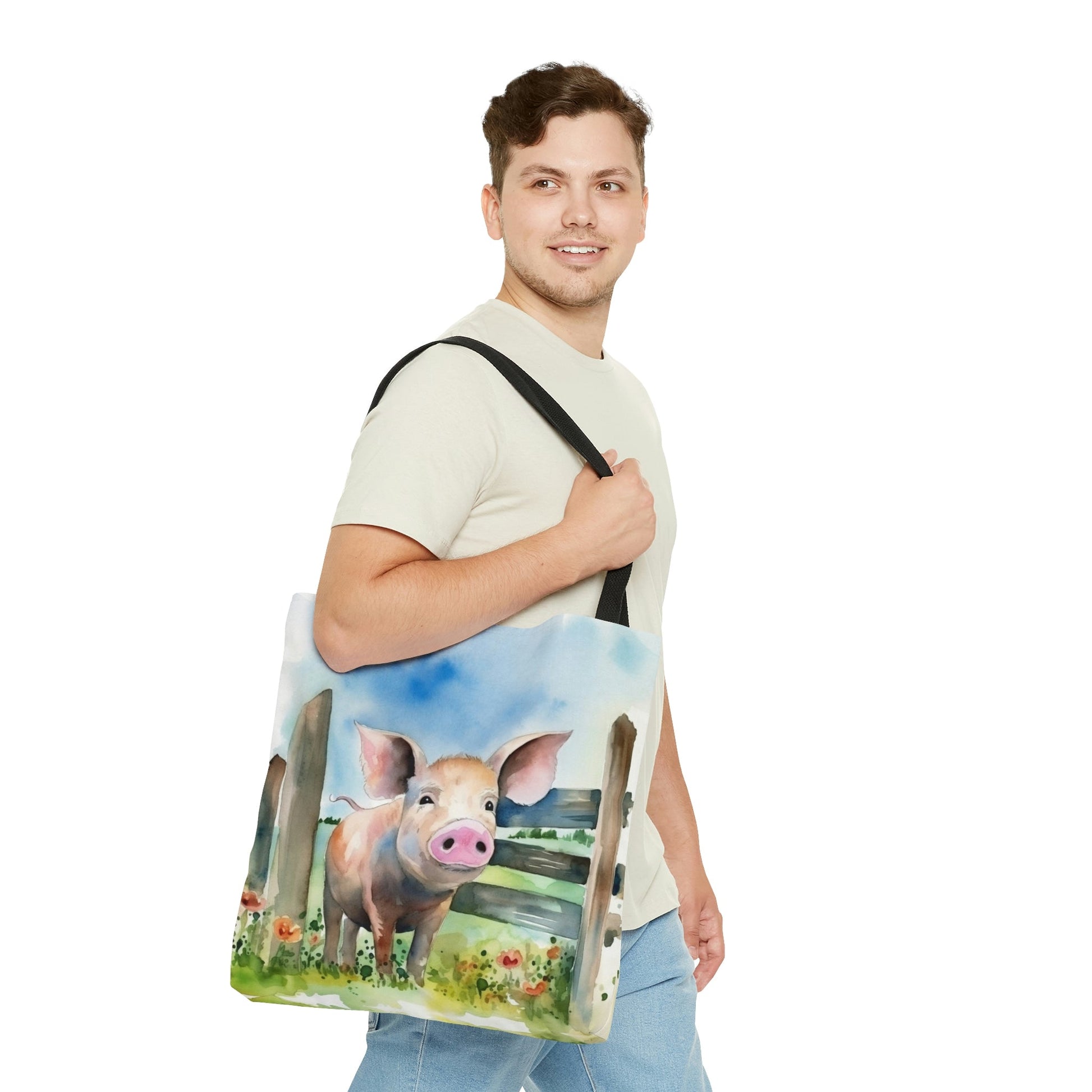 Folk Art Pig in Barnyard Tote Bag - Cute Cottagecore Totebag Makes the Perfect Gift