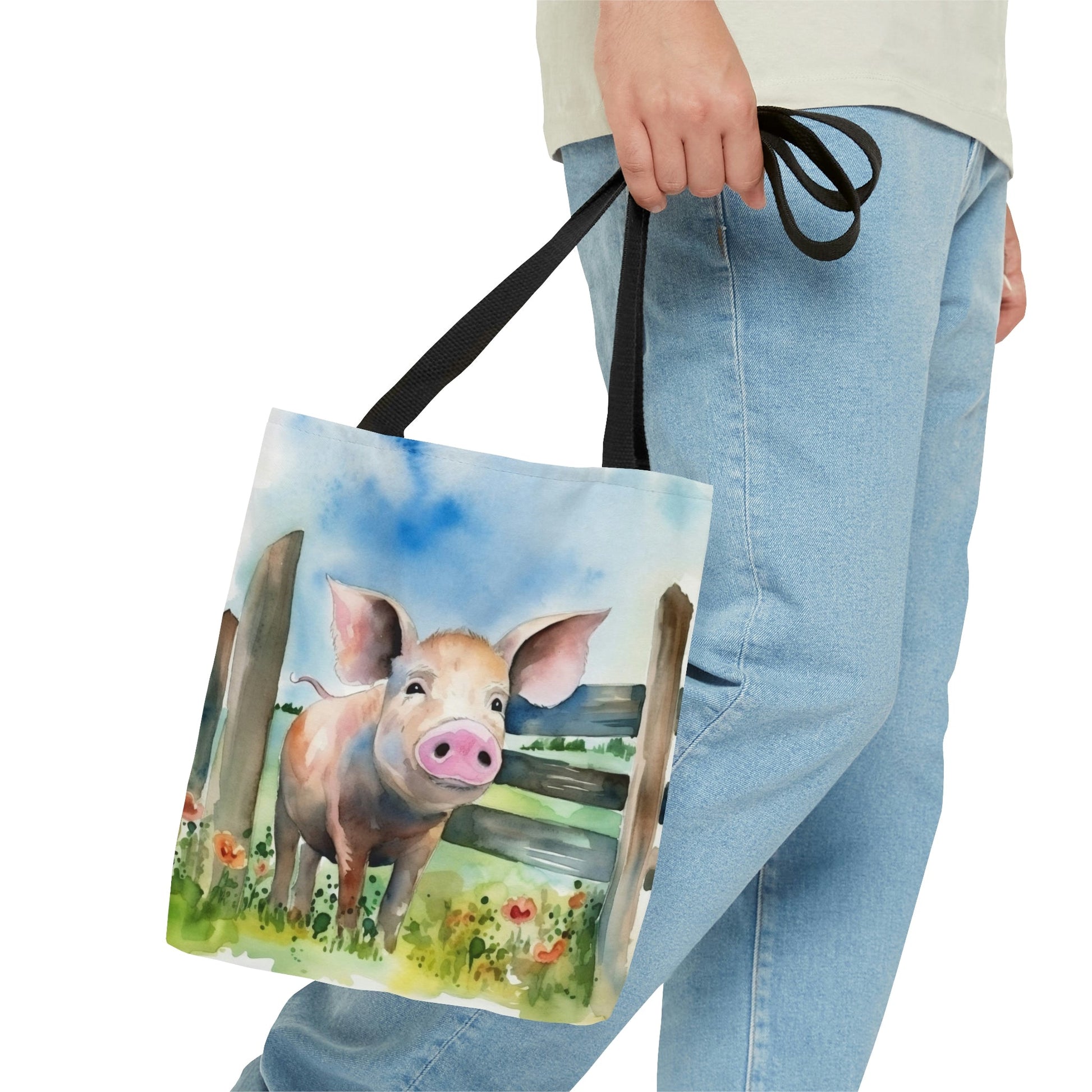 Folk Art Pig in Barnyard Tote Bag - Cute Cottagecore Totebag Makes the Perfect Gift