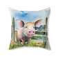 Folk Art Pig in the Barnyard Design Square Pillow - Cottagecore Country Farm Style Gift for Yourself or Loved Ones