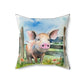 Folk Art Pig in the Barnyard Design Square Pillow - Cottagecore Country Farm Style Gift for Yourself or Loved Ones