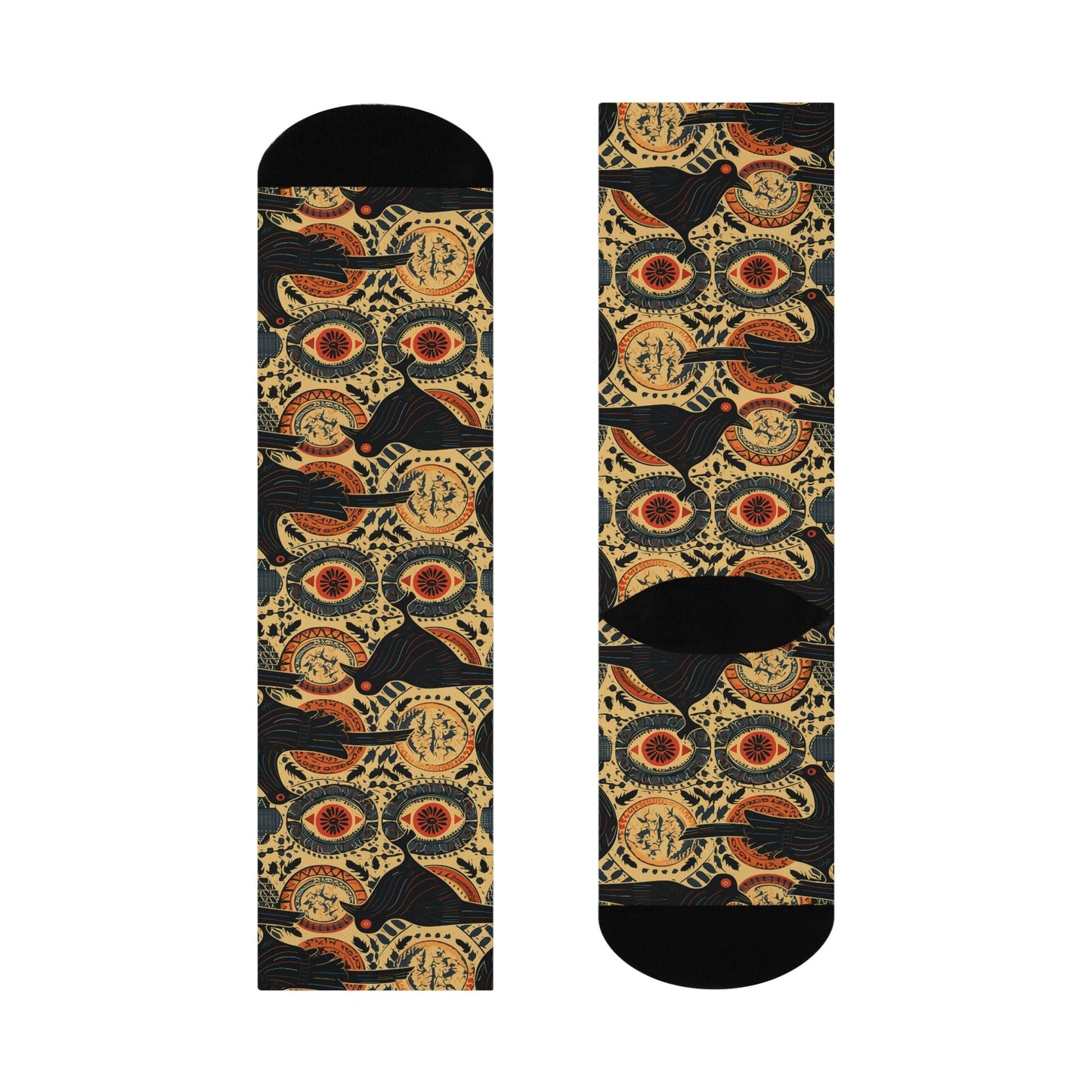 Folk Art Raven Design Cushioned Crew Socks