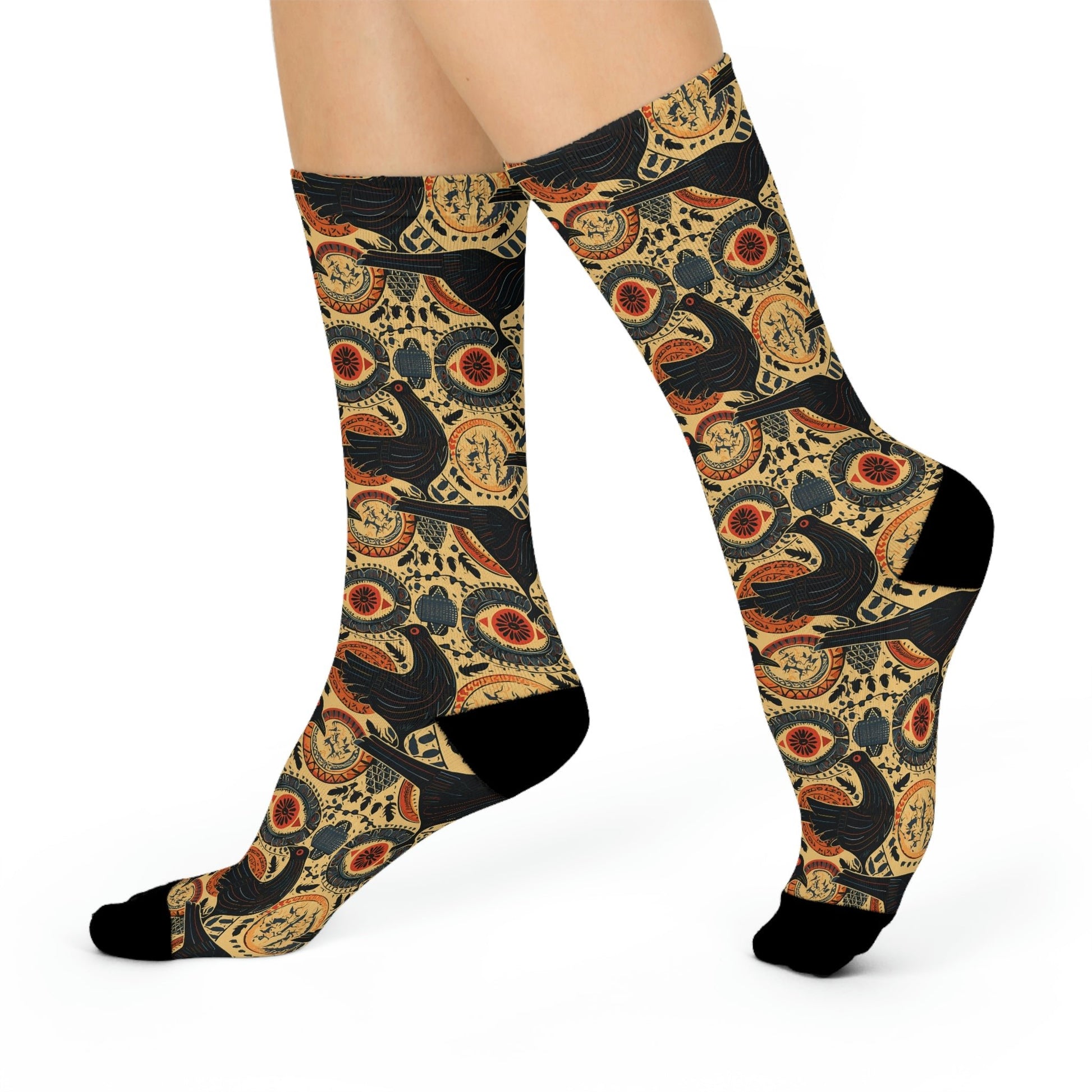 Folk Art Raven Design Cushioned Crew Socks