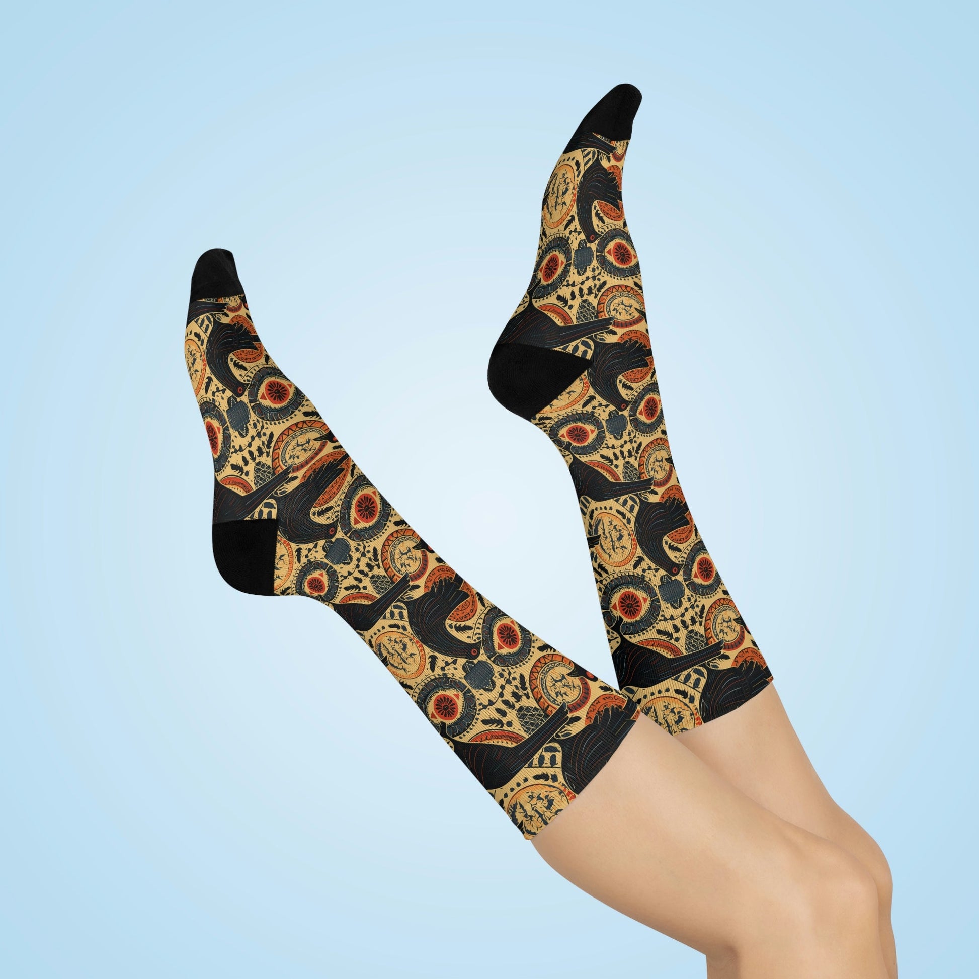 Folk Art Raven Design Cushioned Crew Socks