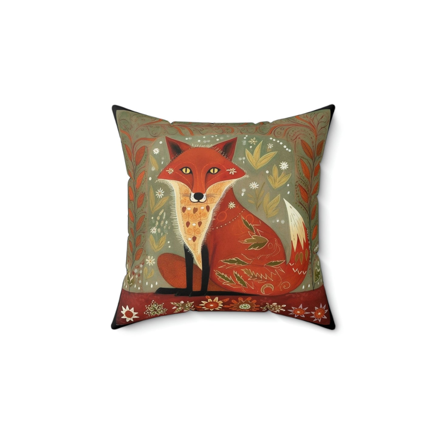 Folk Art Red Fox Design Square Pillow - Cottagecore Country Farm Style Gift for Yourself or Loved Ones