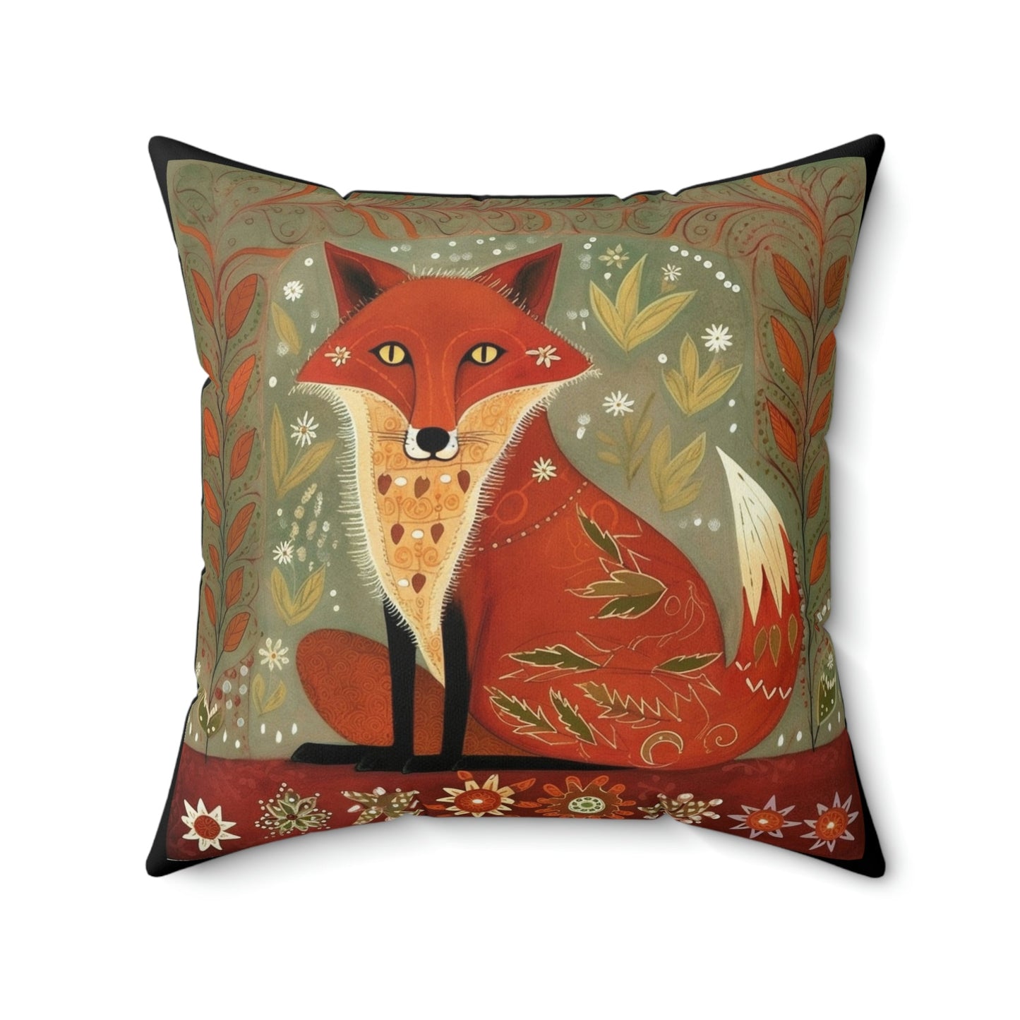 Folk Art Red Fox Design Square Pillow - Cottagecore Country Farm Style Gift for Yourself or Loved Ones