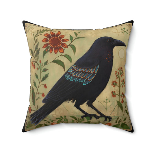 Folk Art Rustic Raven Design Square Pillow - Cottagecore Country Farm Style Gift for Yourself or Loved Ones