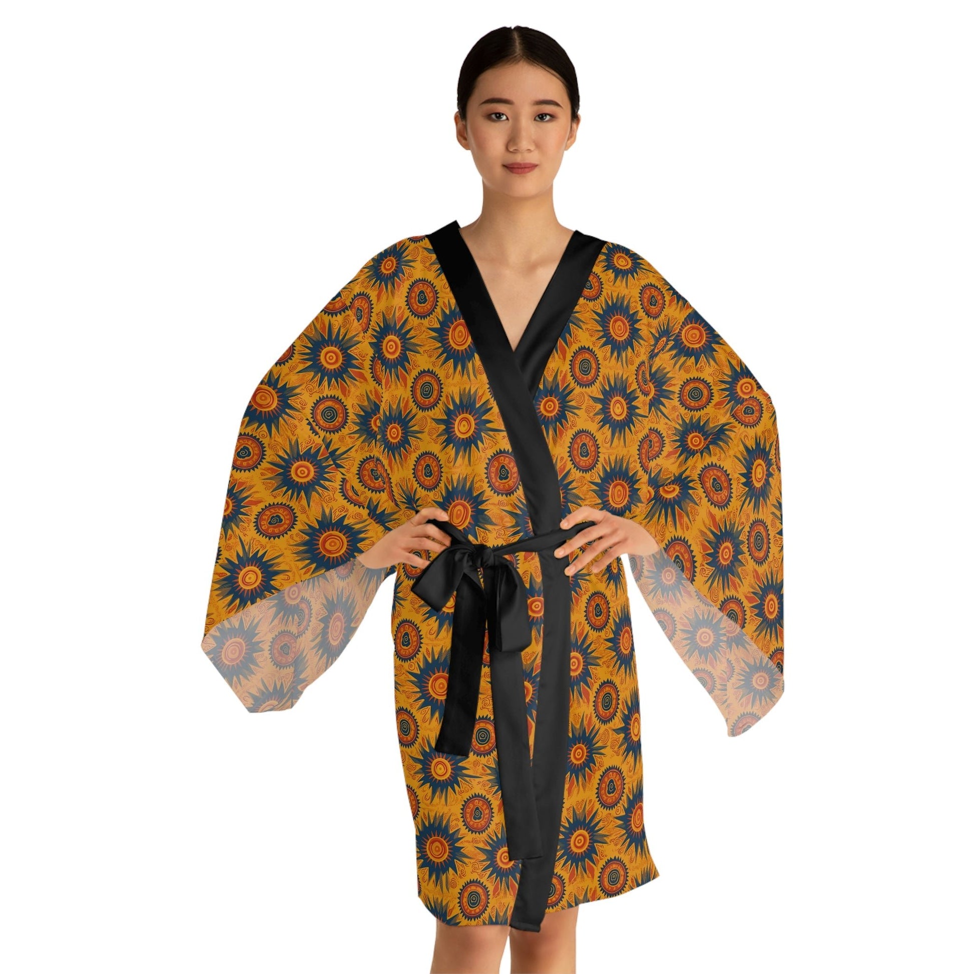 Folk Art Sun Pattern Long Sleeve Kimono Robe