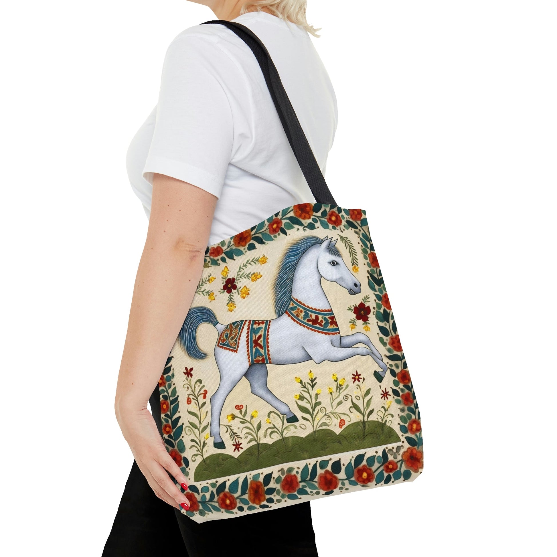 Folk Art White Horse Tote Bag - Cute Cottagecore Totebag Makes the Perfect Gift