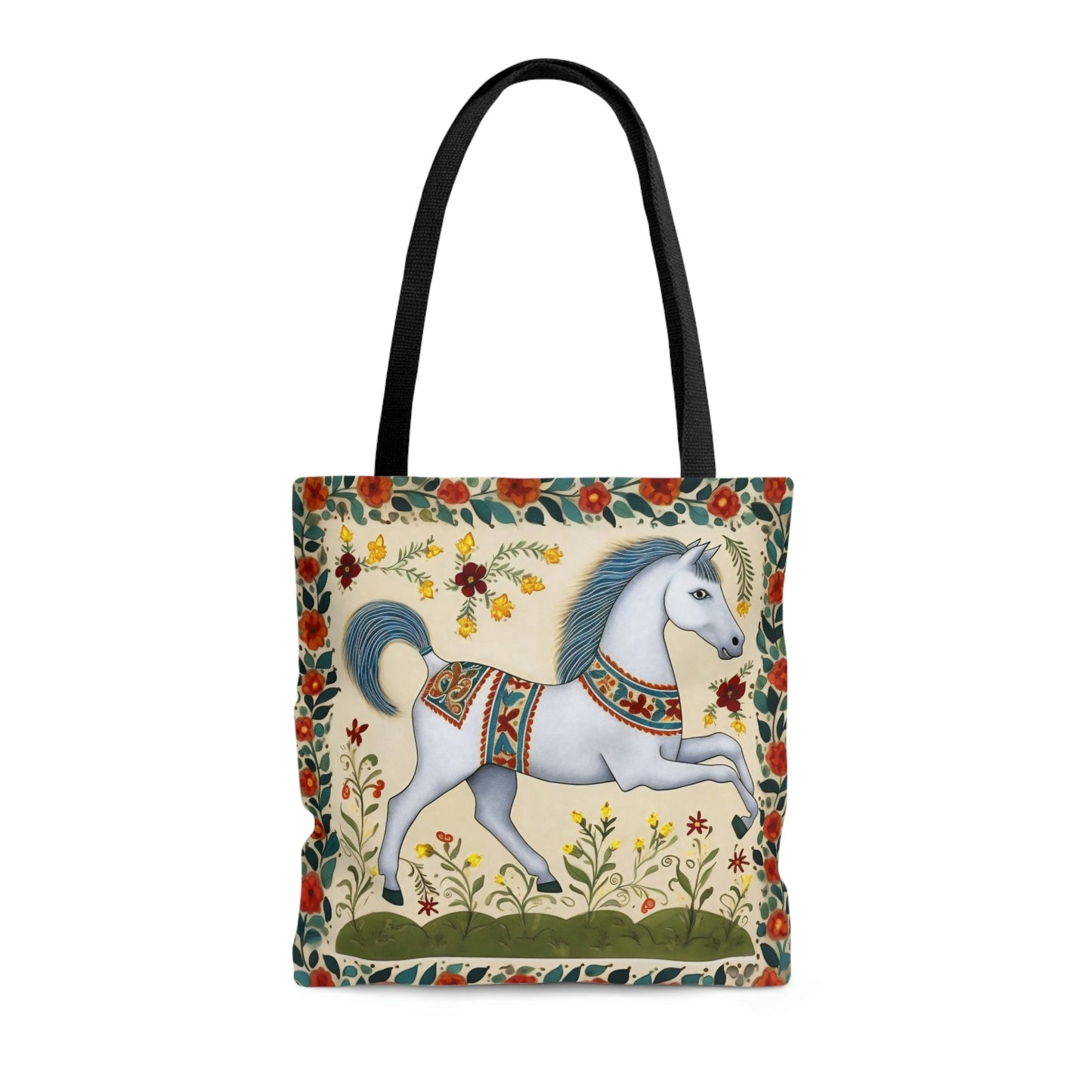 Folk Art White Horse Tote Bag - Cute Cottagecore Totebag Makes the Perfect Gift
