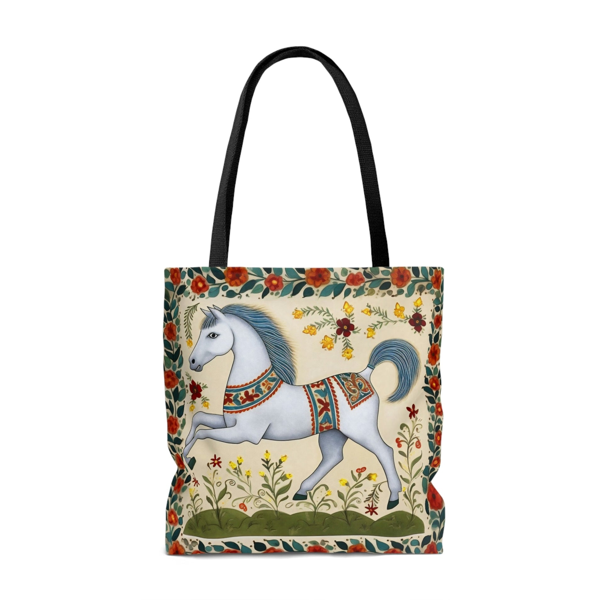 Folk Art White Horse Tote Bag - Cute Cottagecore Totebag Makes the Perfect Gift