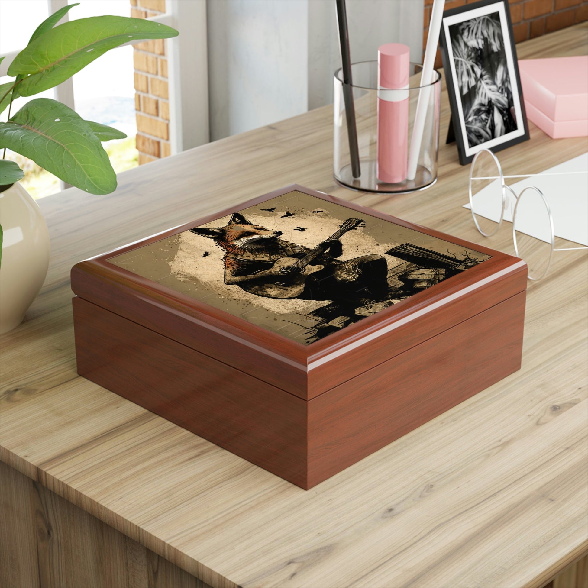 Fox Playing Guitar Wood Keepsake Jewelry Box with Ceramic Tile Cover