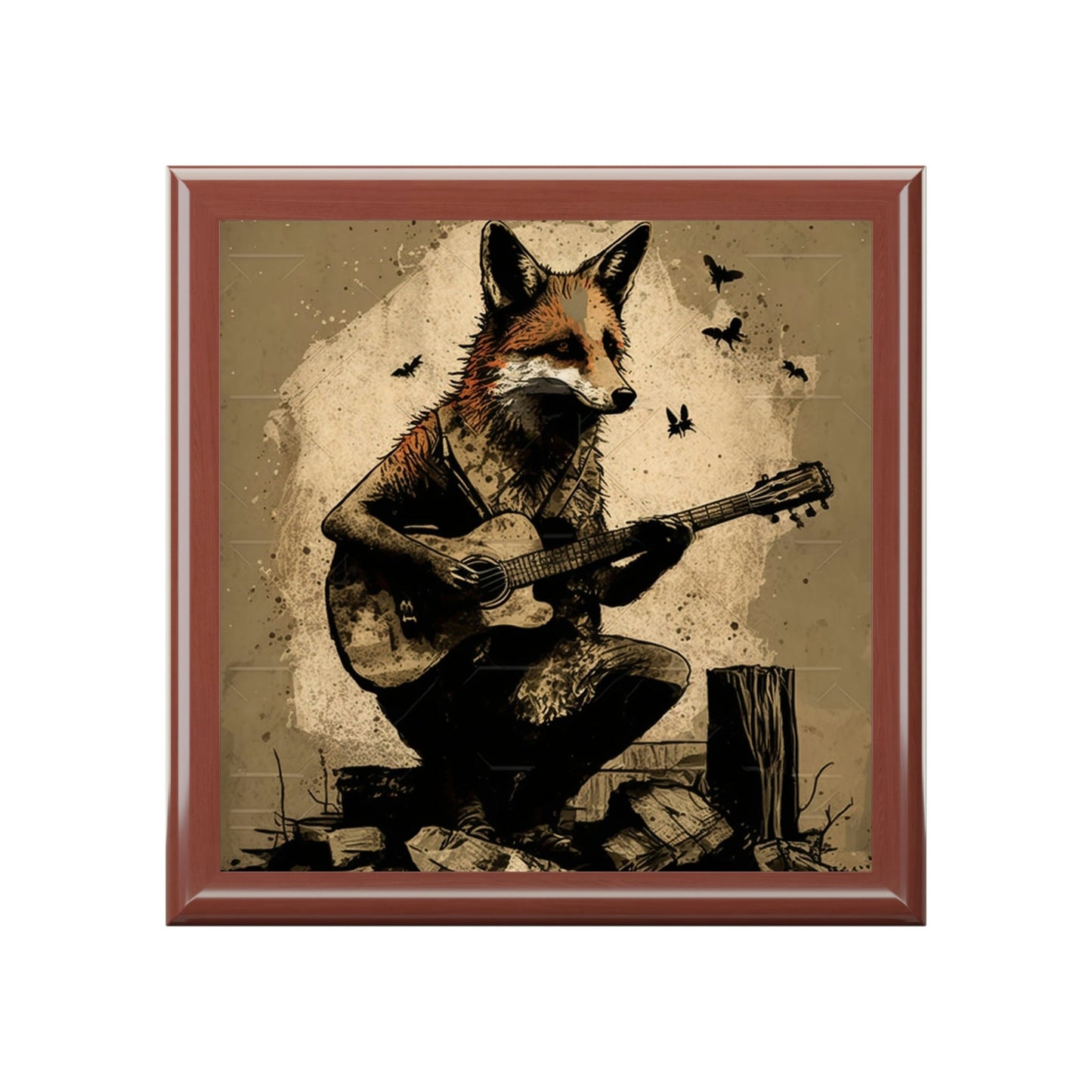 Fox Playing Guitar Wood Keepsake Jewelry Box with Ceramic Tile Cover