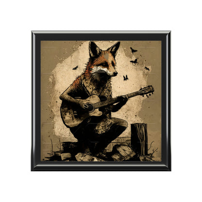 Fox Playing Guitar Wood Keepsake Jewelry Box with Ceramic Tile Cover