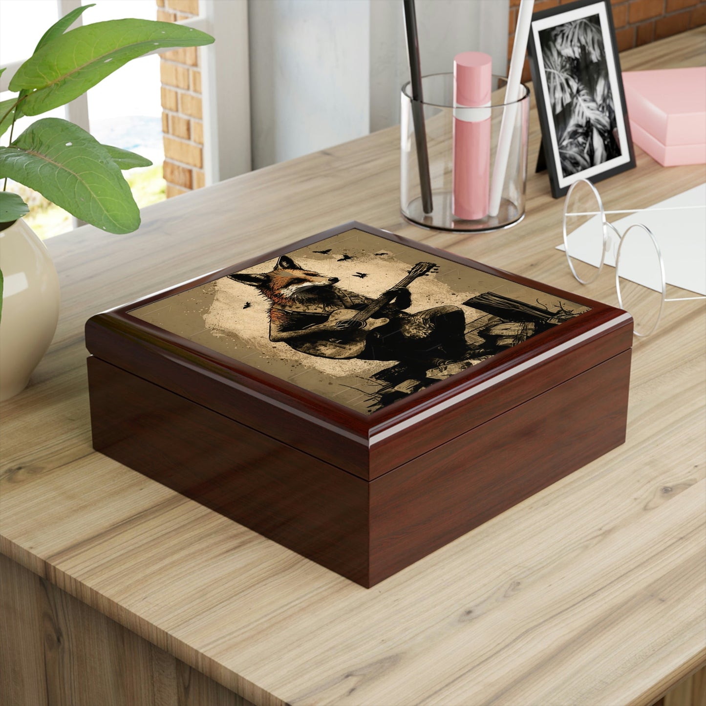 Fox Playing Guitar Wood Keepsake Jewelry Box with Ceramic Tile Cover