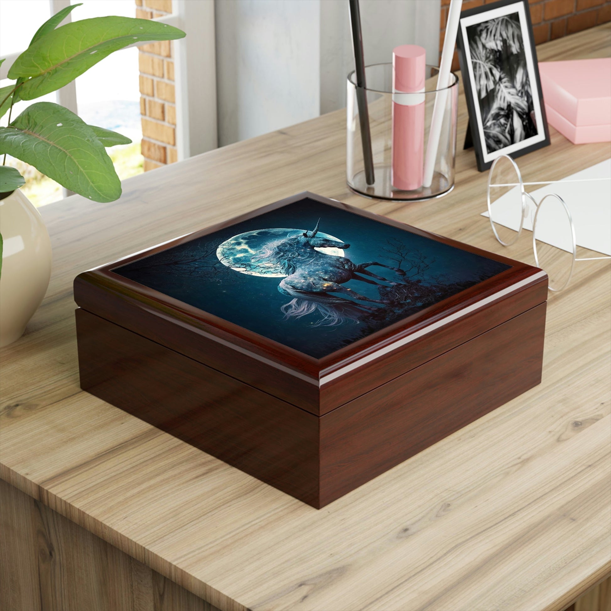 Full Moon Unicorn Wooden Keepsake Jewelry Box with Ceramic Tile Cover