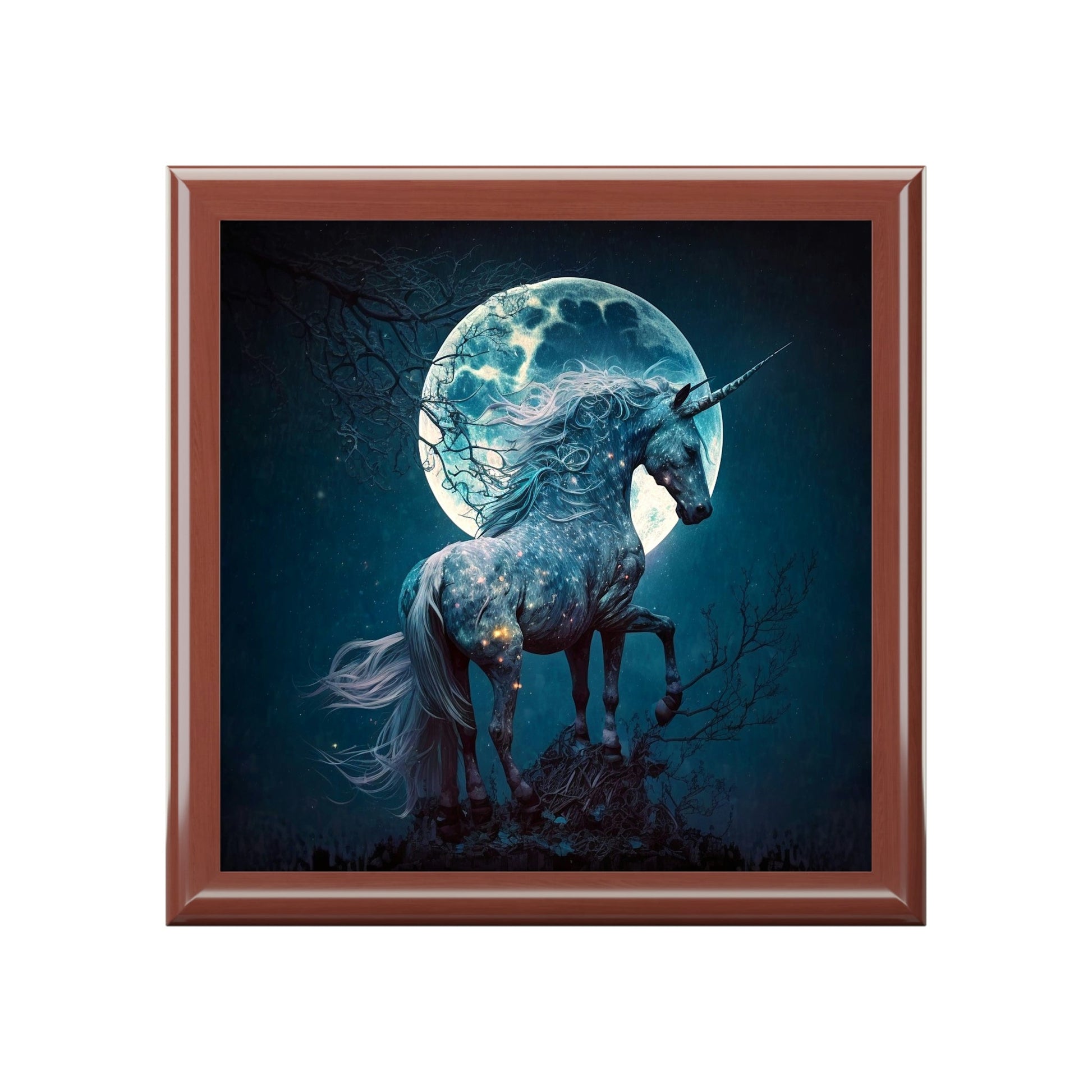 Full Moon Unicorn Wooden Keepsake Jewelry Box with Ceramic Tile Cover