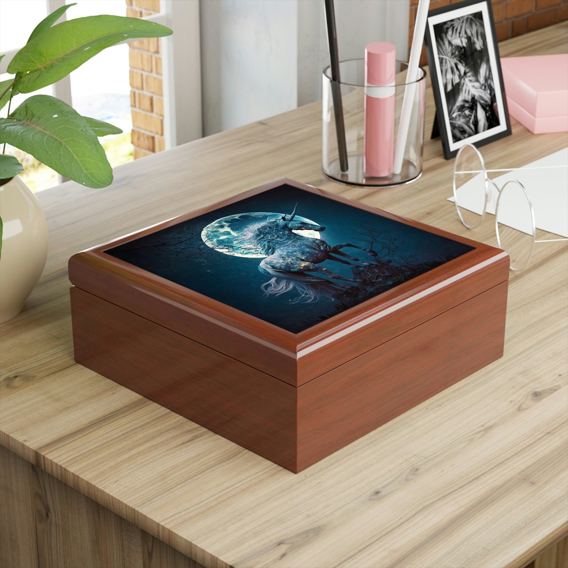 Full Moon Unicorn Wooden Keepsake Jewelry Box with Ceramic Tile Cover