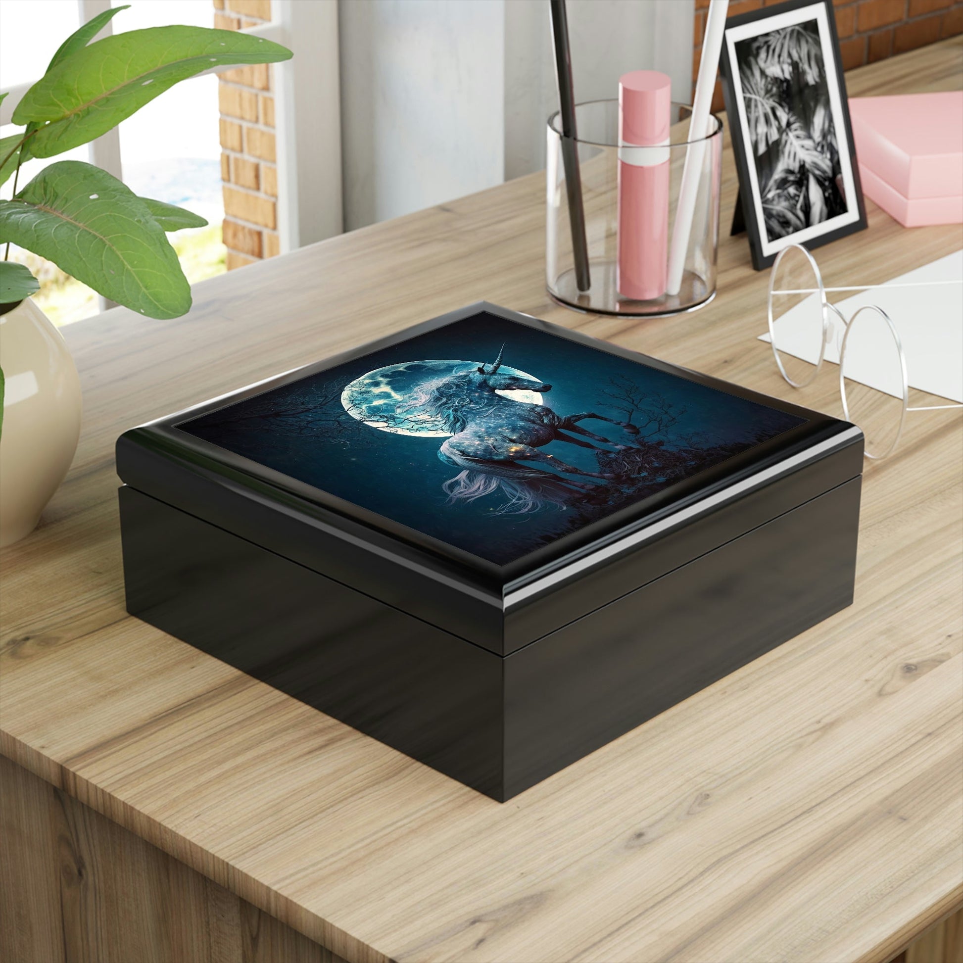 Full Moon Unicorn Wooden Keepsake Jewelry Box with Ceramic Tile Cover