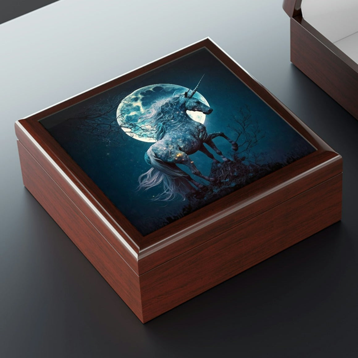 Full Moon Unicorn Wooden Keepsake Jewelry Box with Ceramic Tile Cover