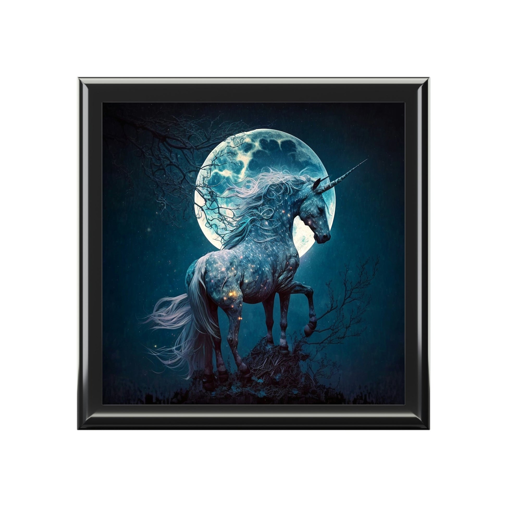 Full Moon Unicorn Wooden Keepsake Jewelry Box with Ceramic Tile Cover