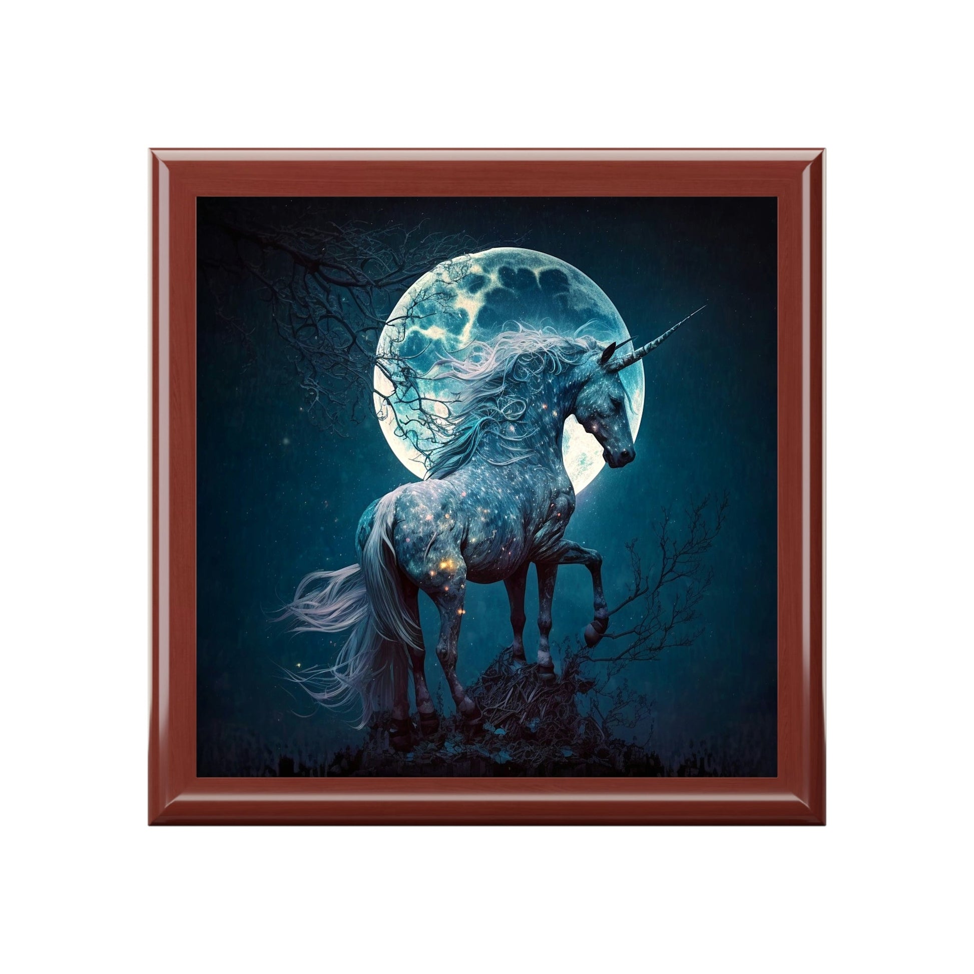 Full Moon Unicorn Wooden Keepsake Jewelry Box with Ceramic Tile Cover