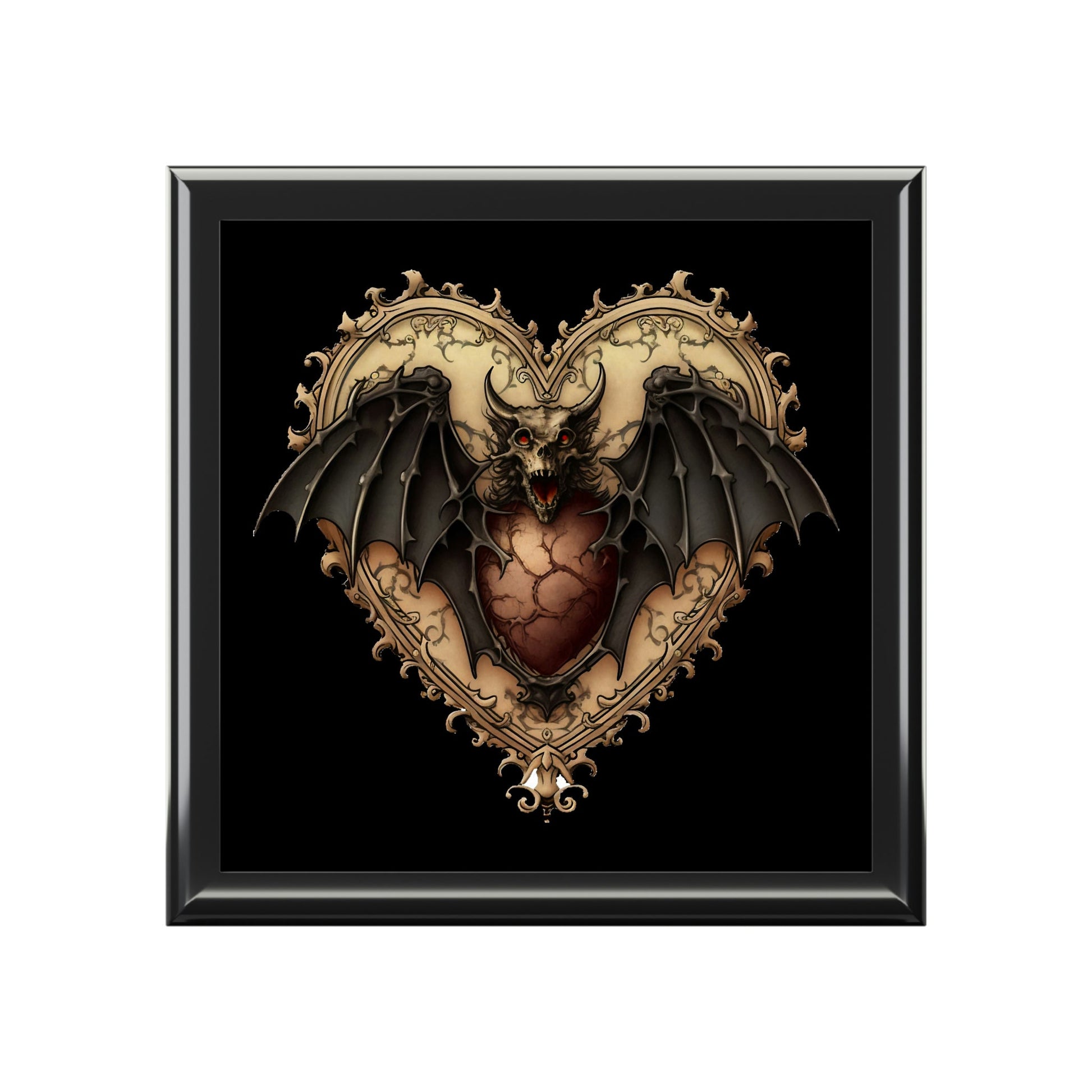 Gothic Bat Heart Design Wooden Keepsake Jewelry Box