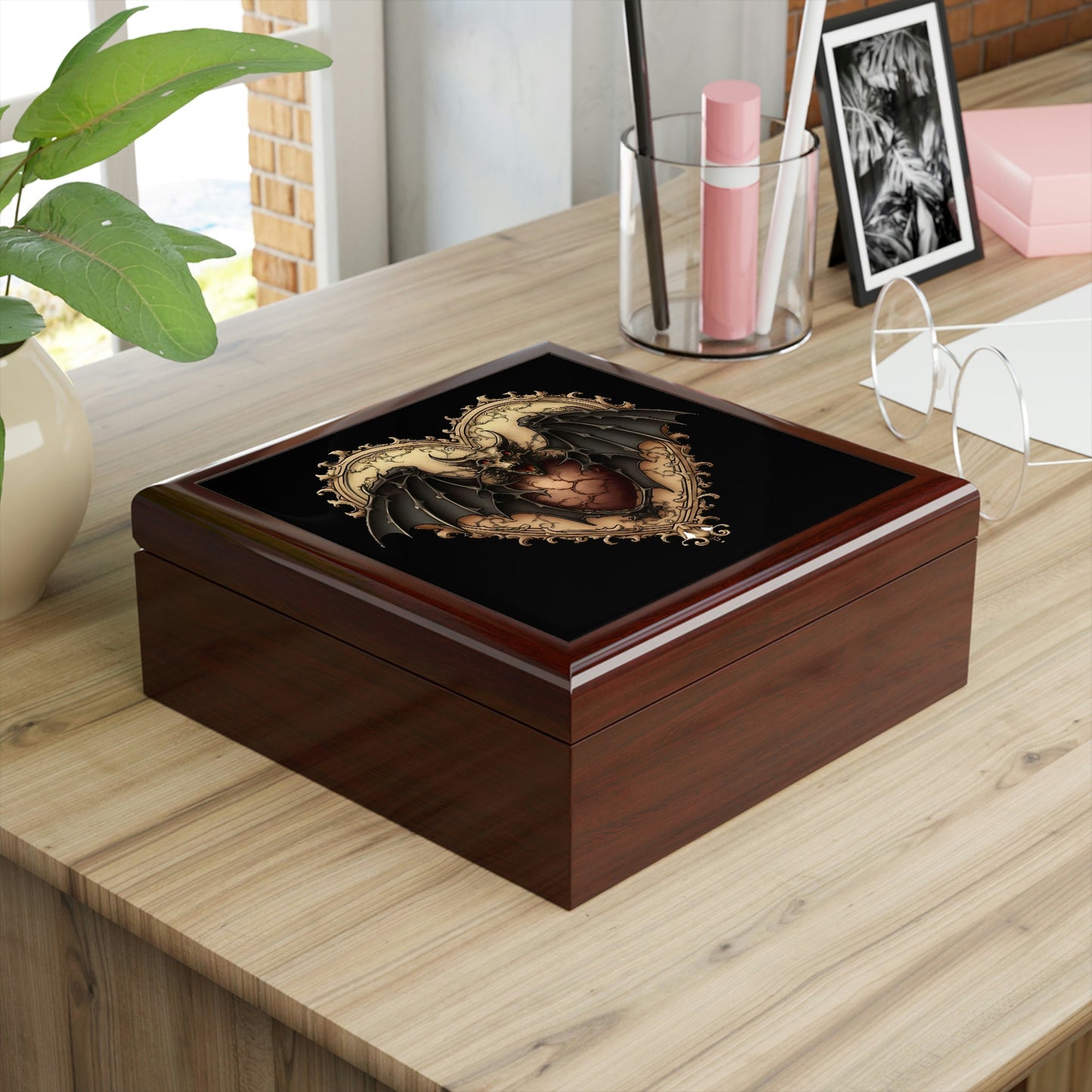 Gothic Bat Heart Design Wooden Keepsake Jewelry Box