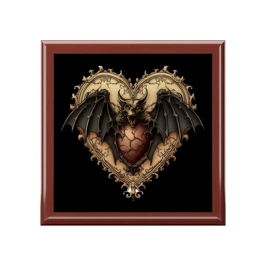 Gothic Bat Heart Design Wooden Keepsake Jewelry Box