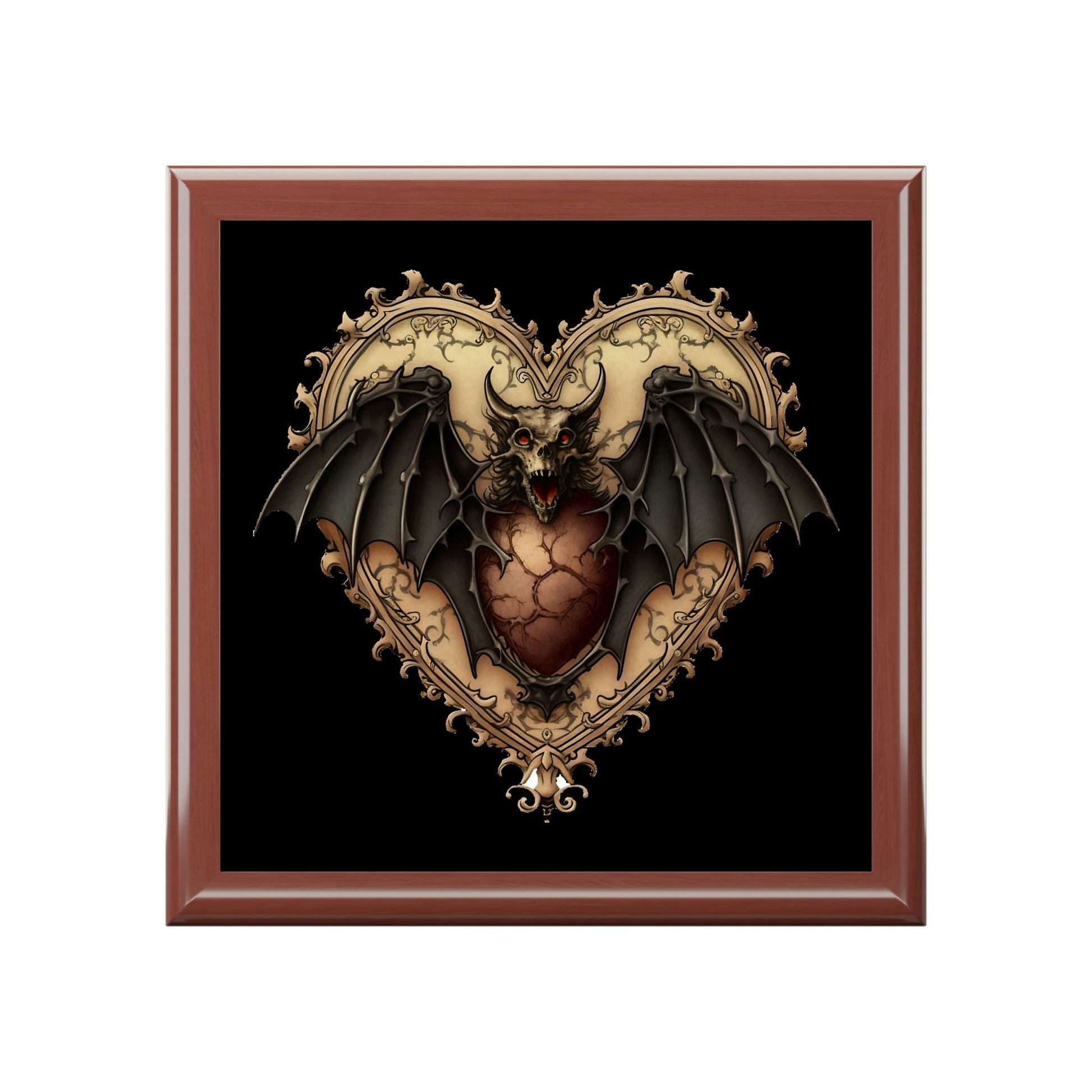 Gothic Bat Heart Design Wooden Keepsake Jewelry Box