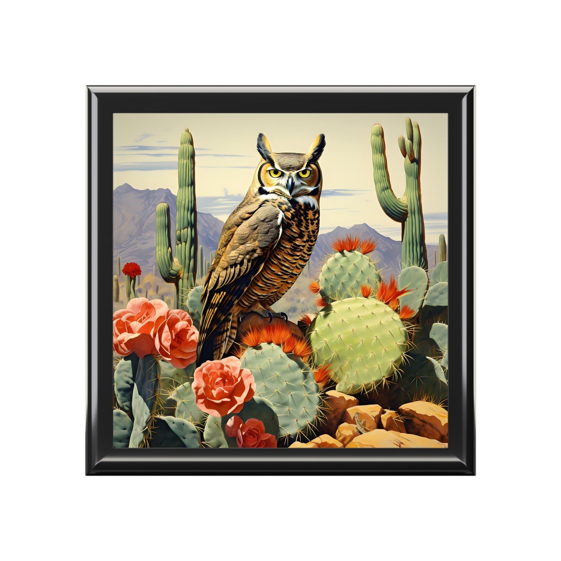 Great Horned Owl in Cactus Desert Art Print Gift and Jewelry Box