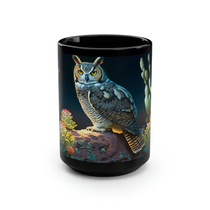 Great Horned Owl in Desert Cactus Garden - Black 15 oz Blck Coffee Mug