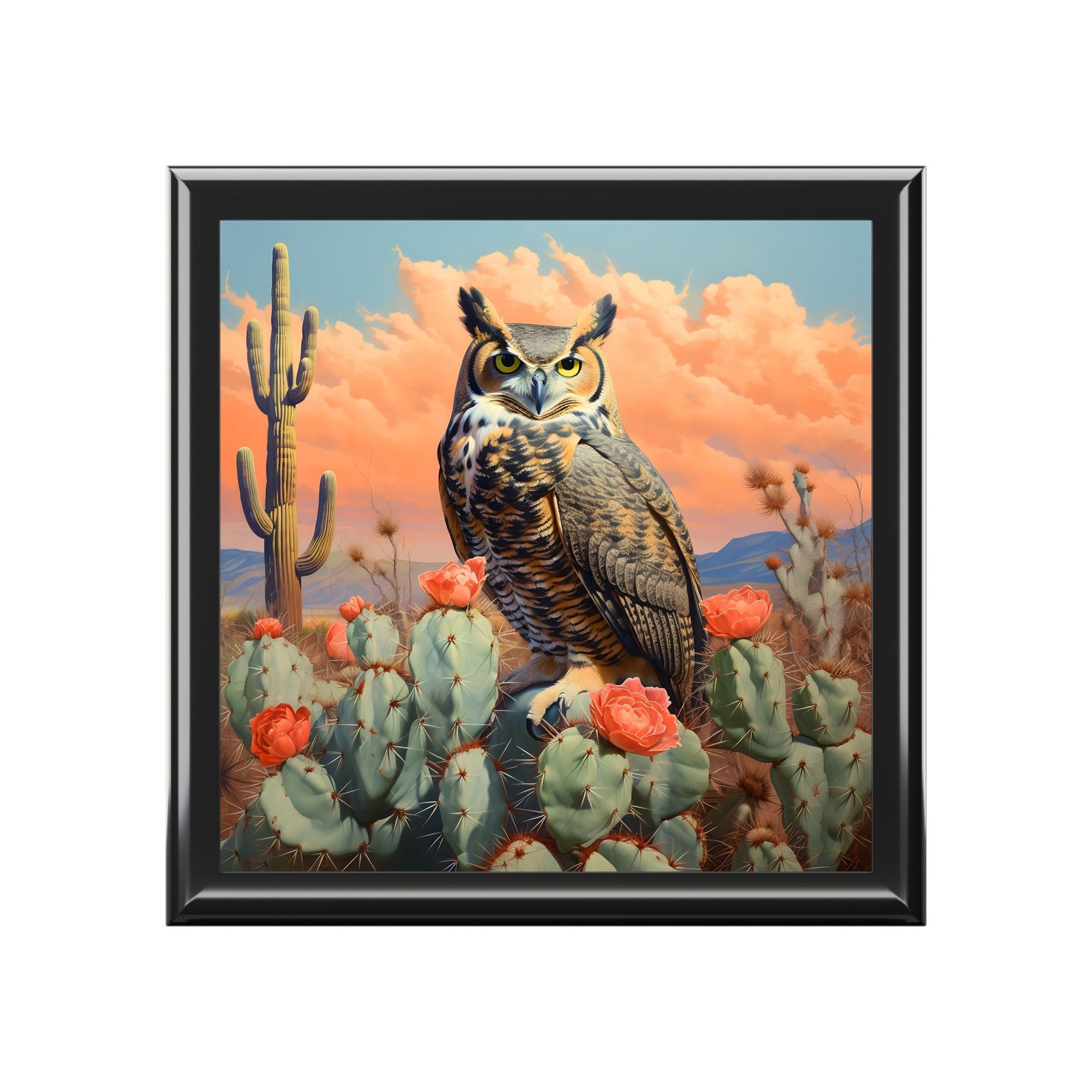 Great Hprned Owl on Stormy Day in Cactus Desert Art Print Gift and Jewelry Box