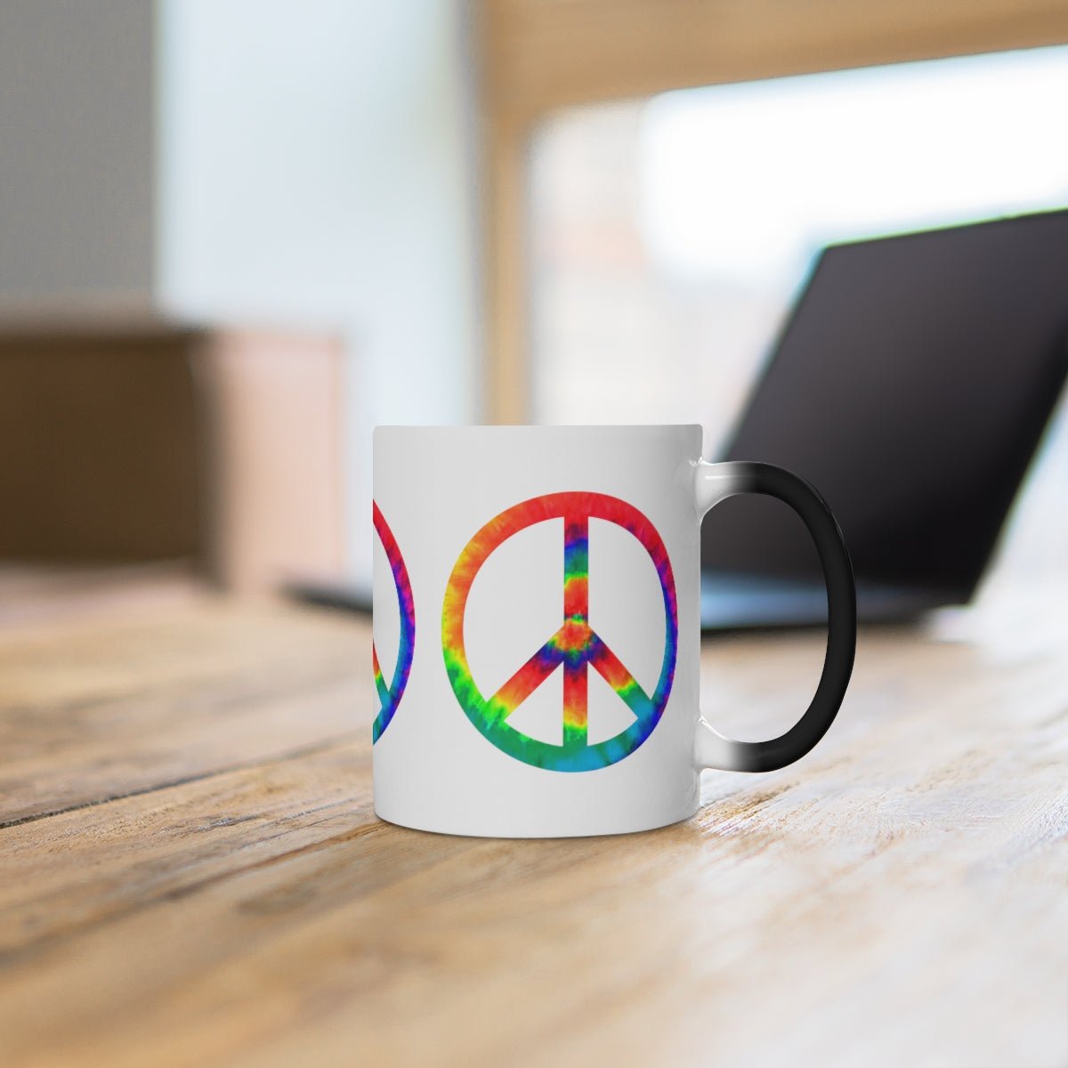 Groovy! From Solid Black To Multicolor Peace Sign When Filled, A Color Changing Mug