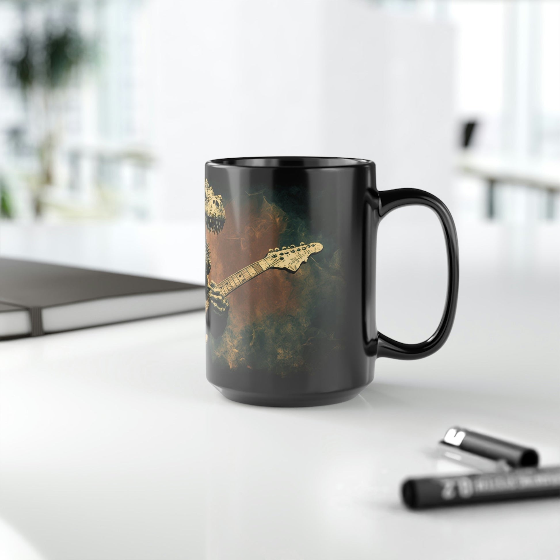 Grunge Dinosaur Playing Guitar - 15 oz Coffee Mug