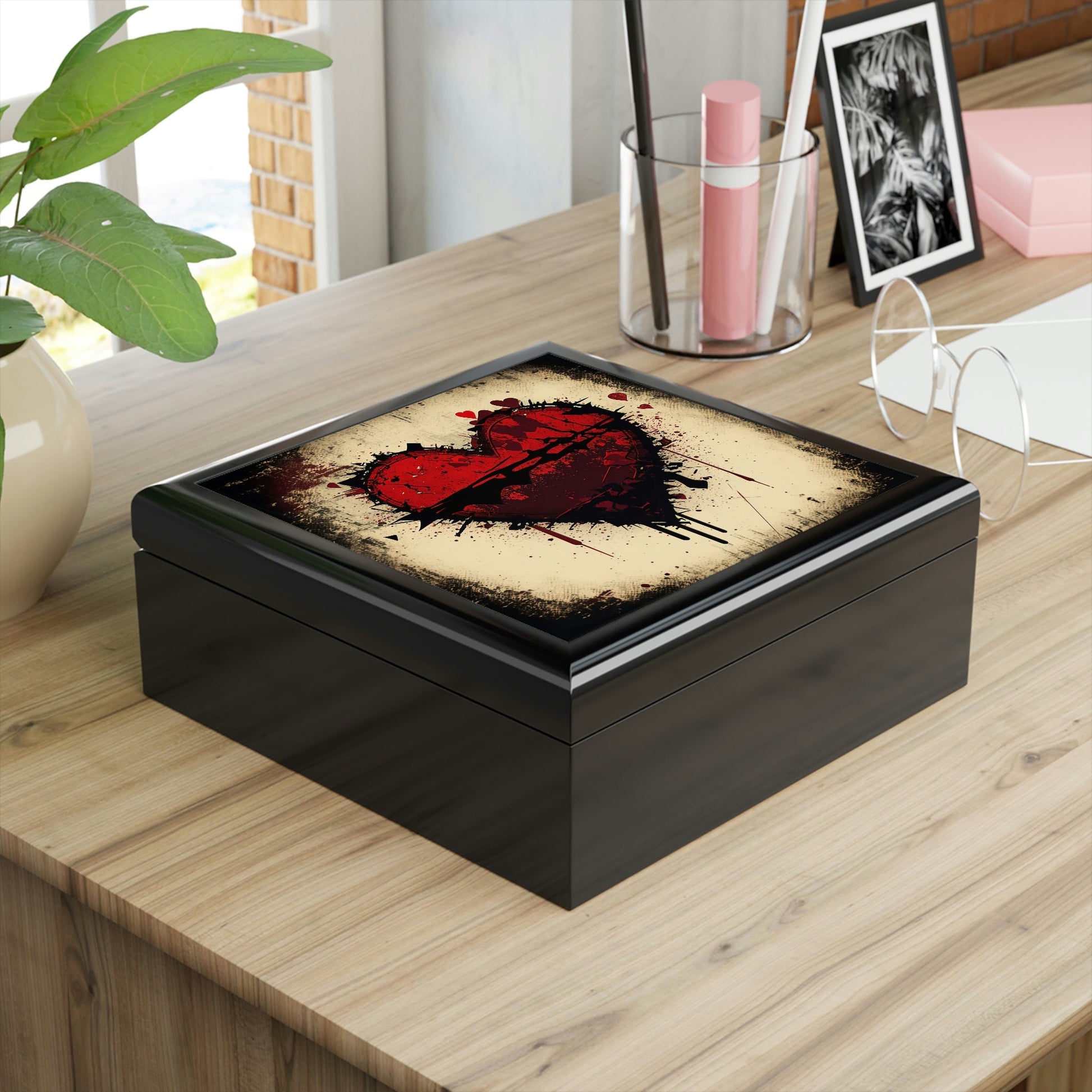 Grunge Heart Wood Keepsake Jewelry Box with Ceramic Tile Cover