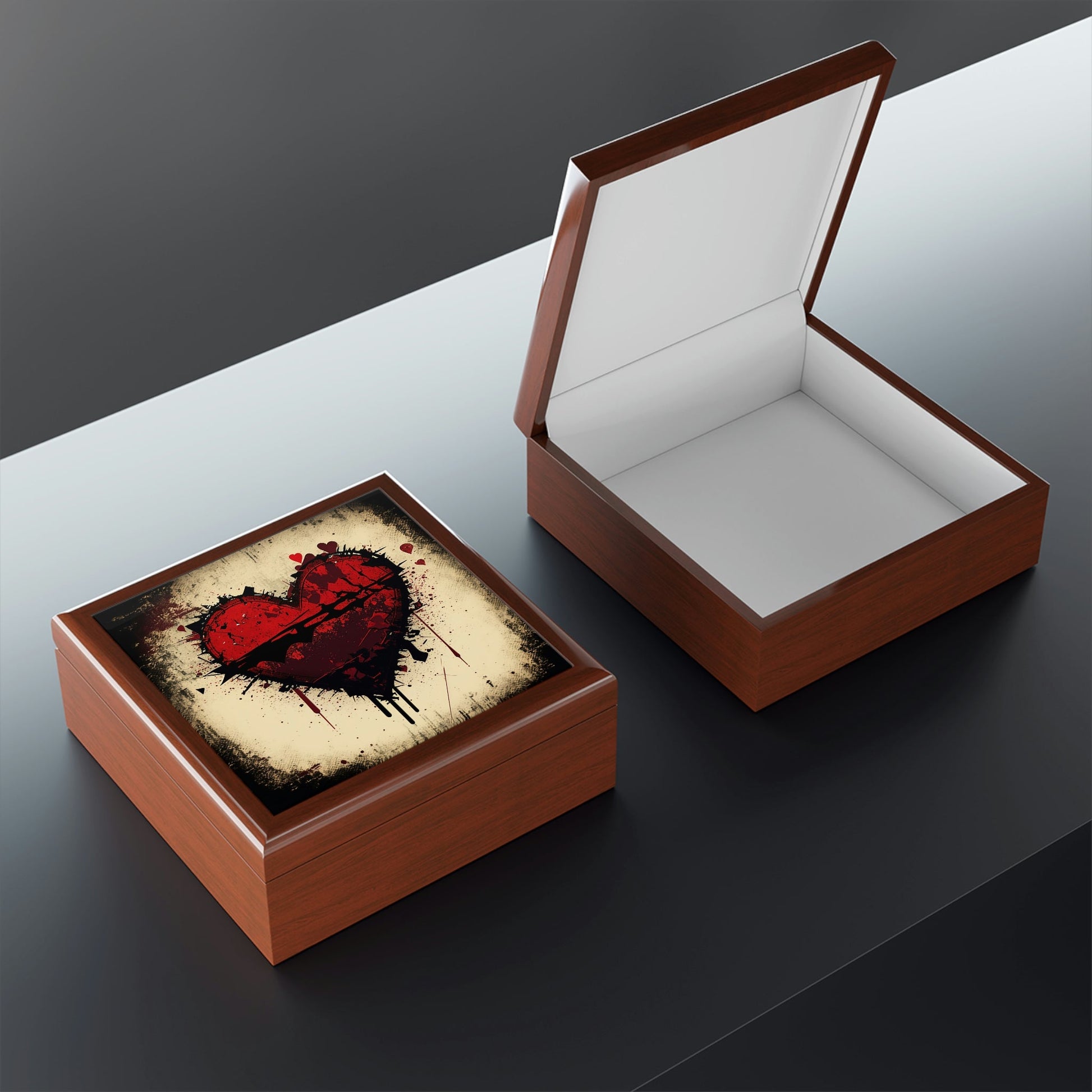 Grunge Heart Wood Keepsake Jewelry Box with Ceramic Tile Cover