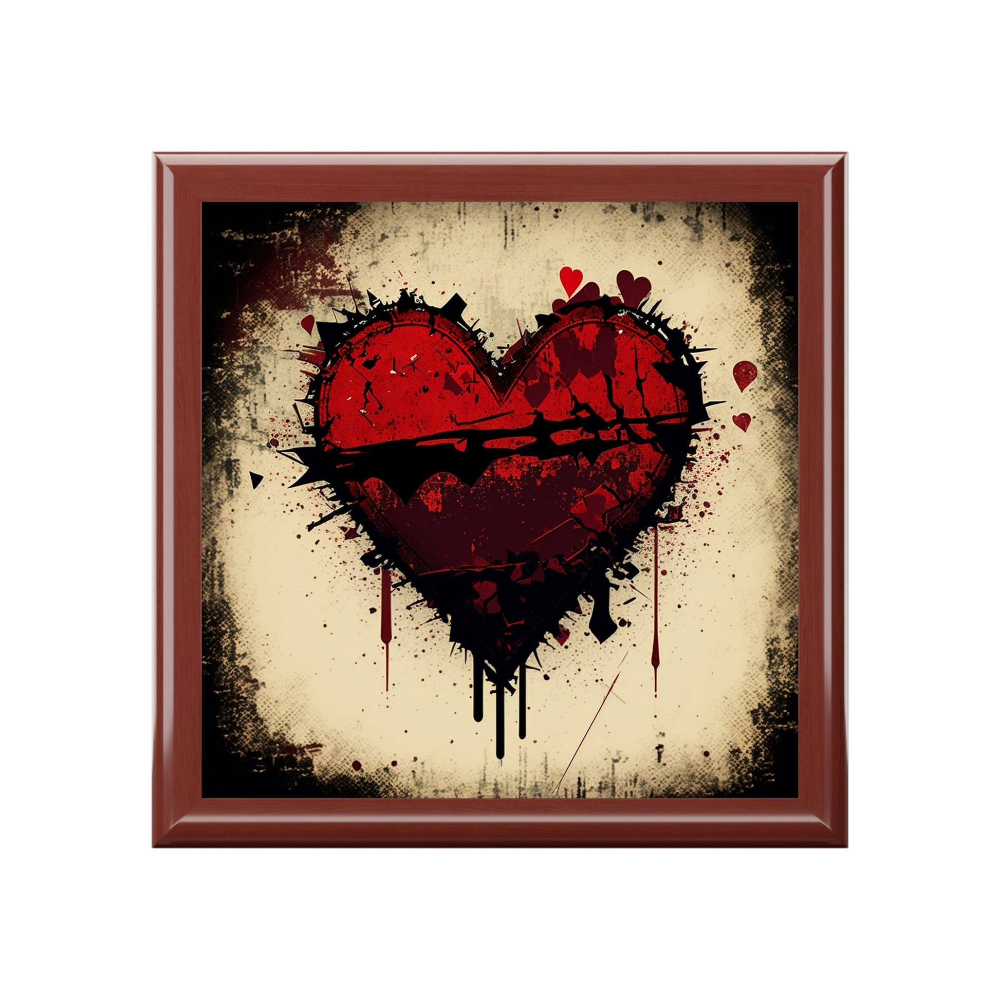 Grunge Heart Wood Keepsake Jewelry Box with Ceramic Tile Cover