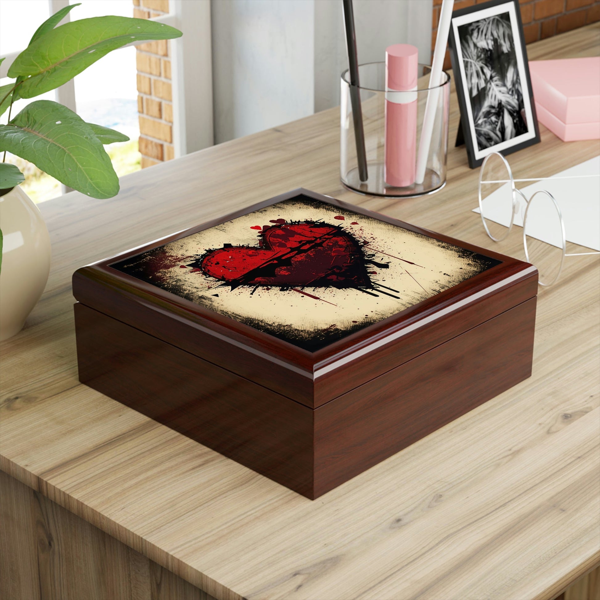 Grunge Heart Wood Keepsake Jewelry Box with Ceramic Tile Cover