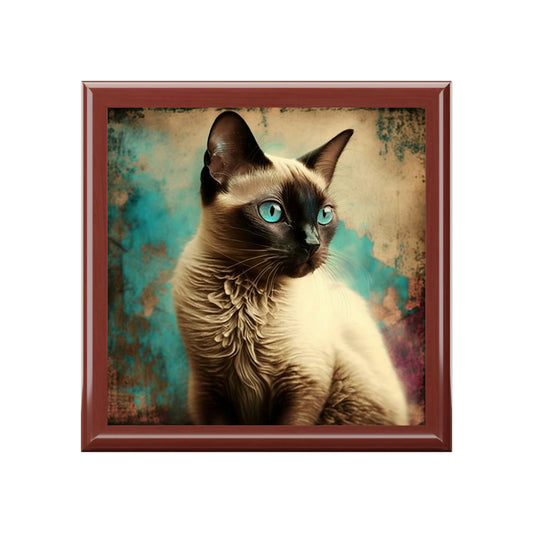 Grunge Siamese Cat Wood Keepsake Jewelry Box with Ceramic Tile Cover