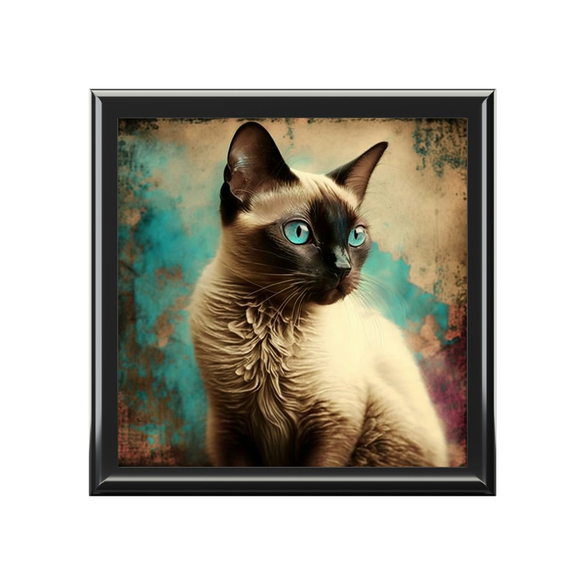 Grunge Siamese Cat Wood Keepsake Jewelry Box with Ceramic Tile Cover