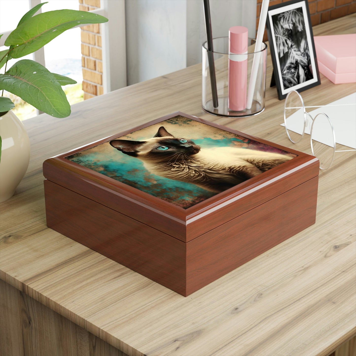 Grunge Siamese Cat Wood Keepsake Jewelry Box with Ceramic Tile Cover