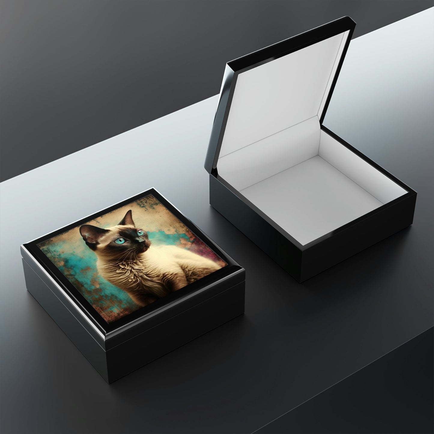 Grunge Siamese Cat Wood Keepsake Jewelry Box with Ceramic Tile Cover