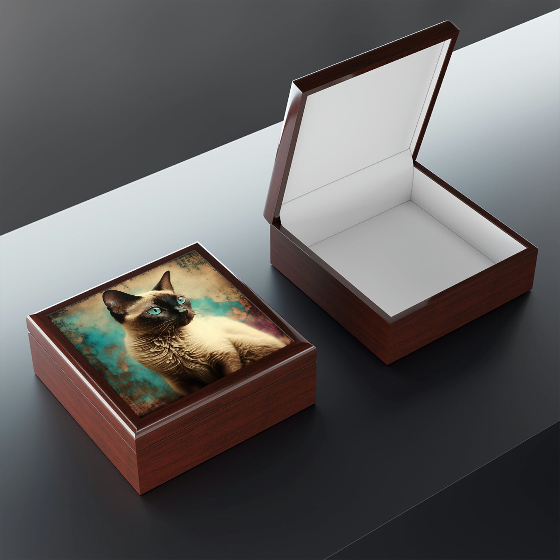 Grunge Siamese Cat Wood Keepsake Jewelry Box with Ceramic Tile Cover