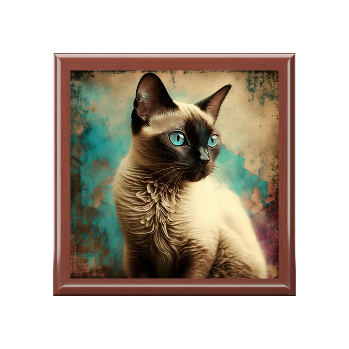 Grunge Siamese Cat Wood Keepsake Jewelry Box with Ceramic Tile Cover