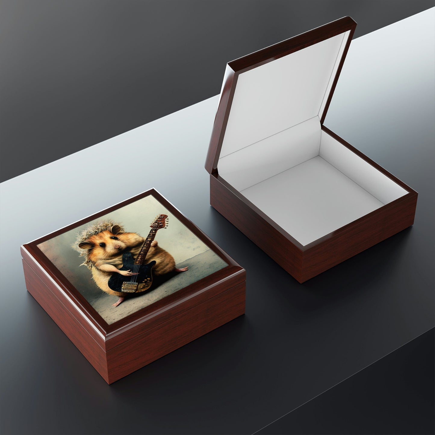 Hamster Playing Guitar Wood Keepsake Jewelry Box with Ceramic Tile Cover