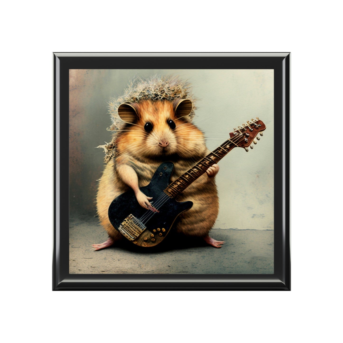 Hamster Playing Guitar Wood Keepsake Jewelry Box with Ceramic Tile Cover