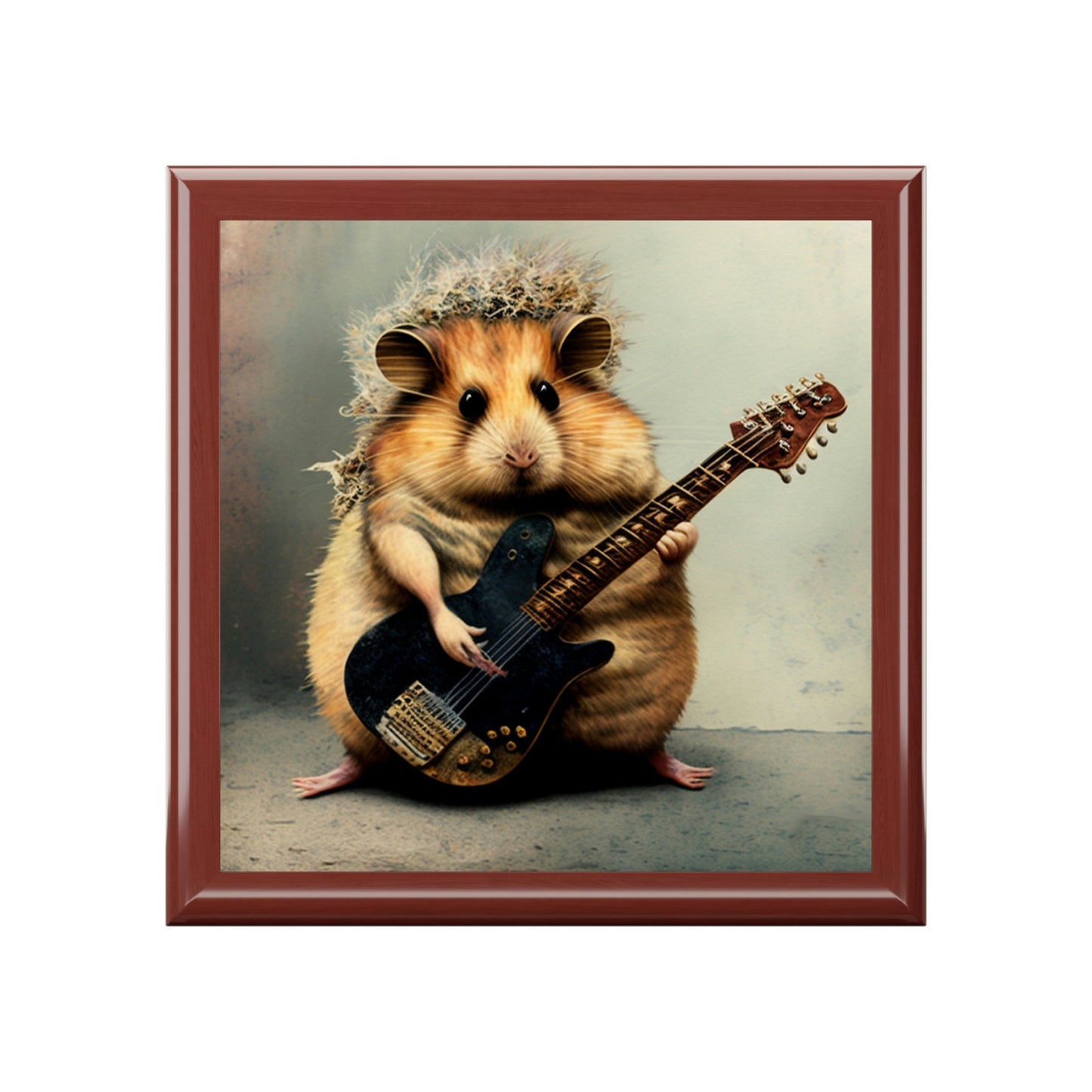 Hamster Playing Guitar Wood Keepsake Jewelry Box with Ceramic Tile Cover