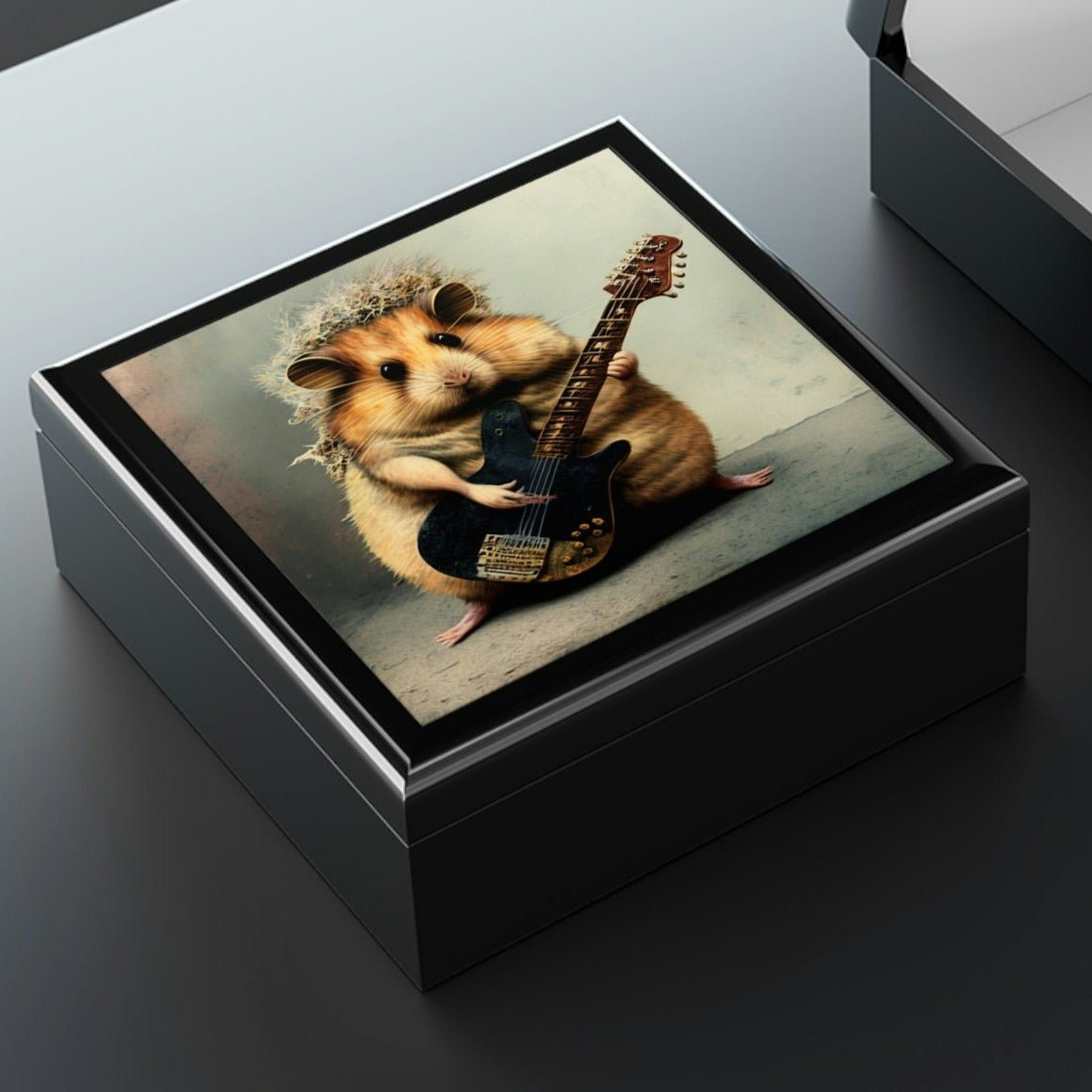 Hamster Playing Guitar Wood Keepsake Jewelry Box with Ceramic Tile Cover